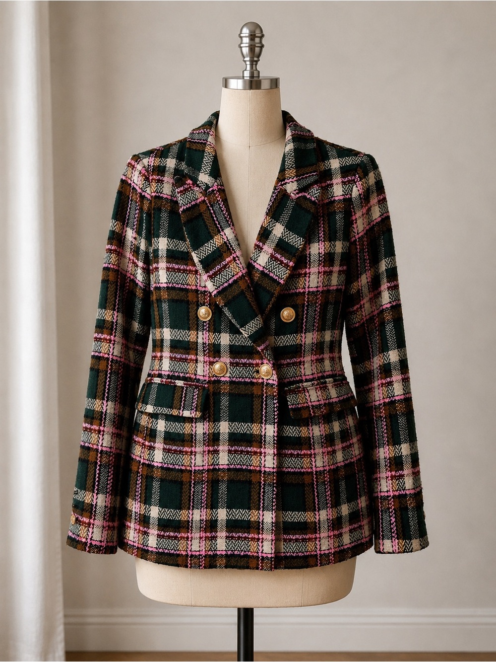 Fate Green Pink Plaid Double-Breasted Blazer